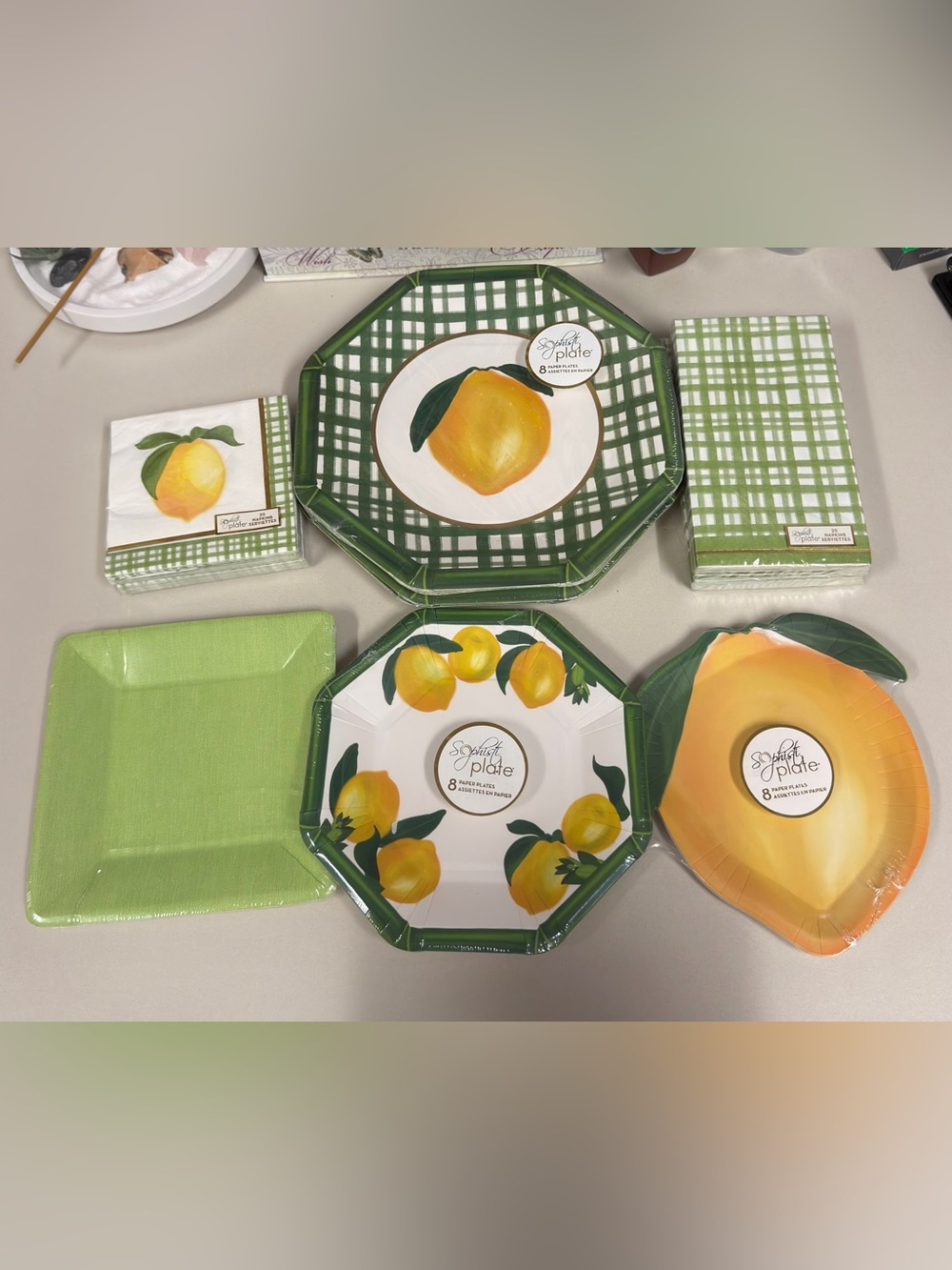 White Yellow Gold Green Lemon Plaid Coastal Summer Paper Plate Napkin Set